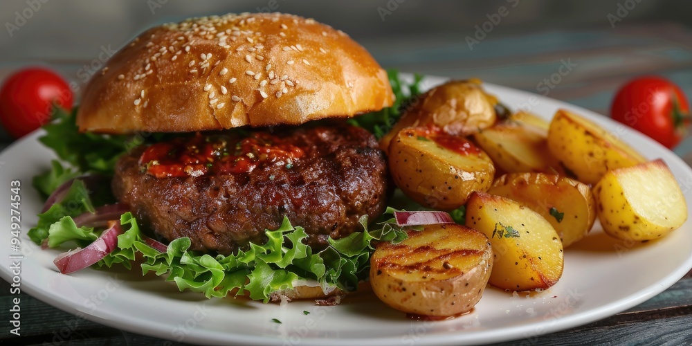 Juicy beef burger with potato and salad on a white plate Juicy beef burger with potato and salad on a white plate