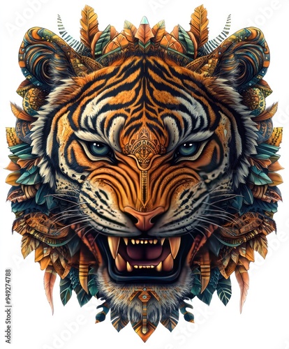 A vibrant, artistic depiction of a tiger's face surrounded by intricate foliage.