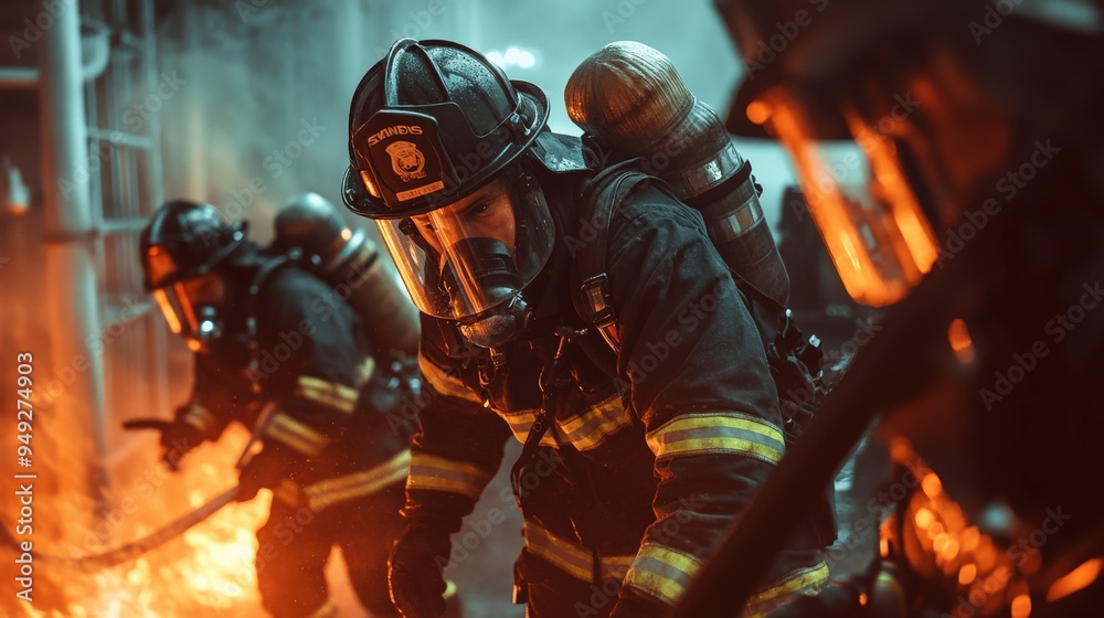 Brave firefighters in action with full gear battling intense fire, showcasing courage and teamwork in hazardous conditions. Brave firefighters in action with full gear battling intense fire, showcasing courage and teamwork in hazardous conditions.