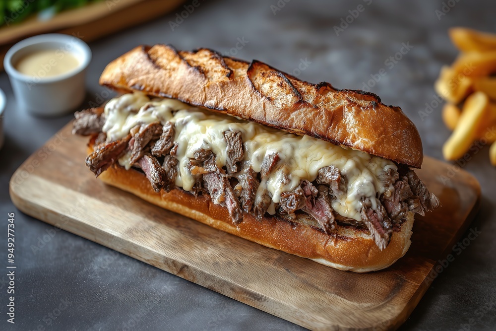 A hearty steak sandwich piled high with melted cheese and grilled onions A hearty steak sandwich piled high with melted cheese and grilled onions
