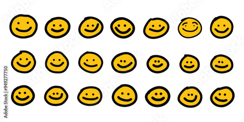 Set of emoticons. Hand drawn cute cartoon smiley emoticons. Sketches of decorative icons. Vector illustration.