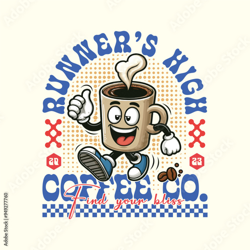 Retro coffee cup cartoon character mascot t shirt design