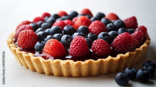 Close-up of a delicious mixed berry tart topped with fresh strawberries, raspberries, and blueberries on a white background.