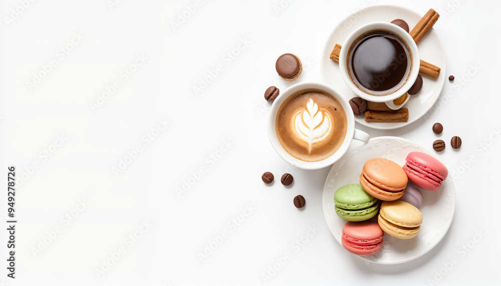 cup of coffee and milk with coffee and macaron