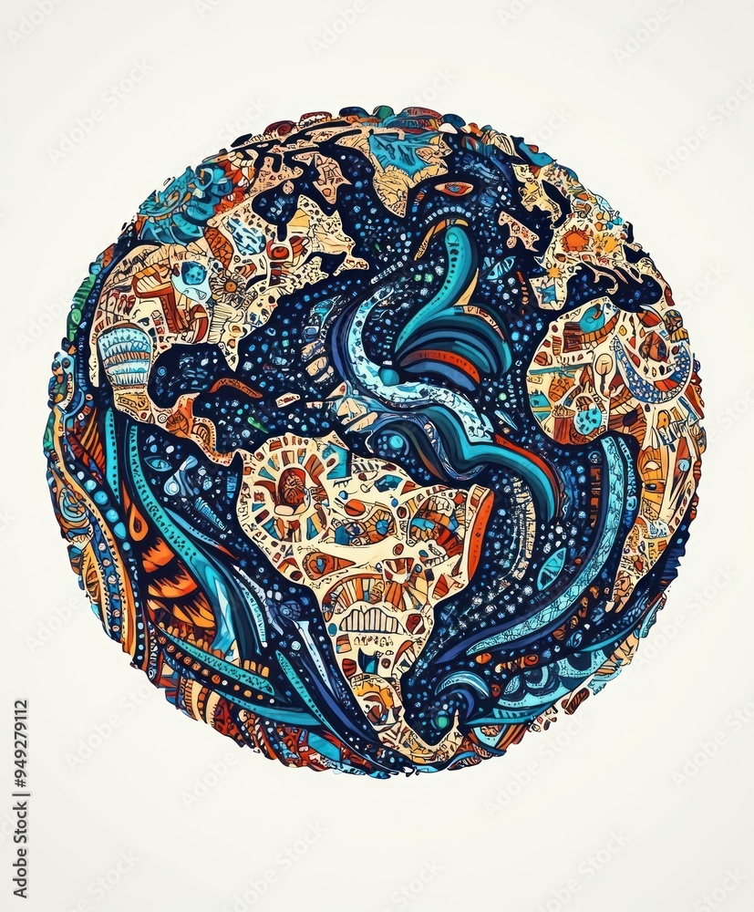 Fototapeta premium A colorful, artistic representation of the Earth featuring intricate patterns and designs.