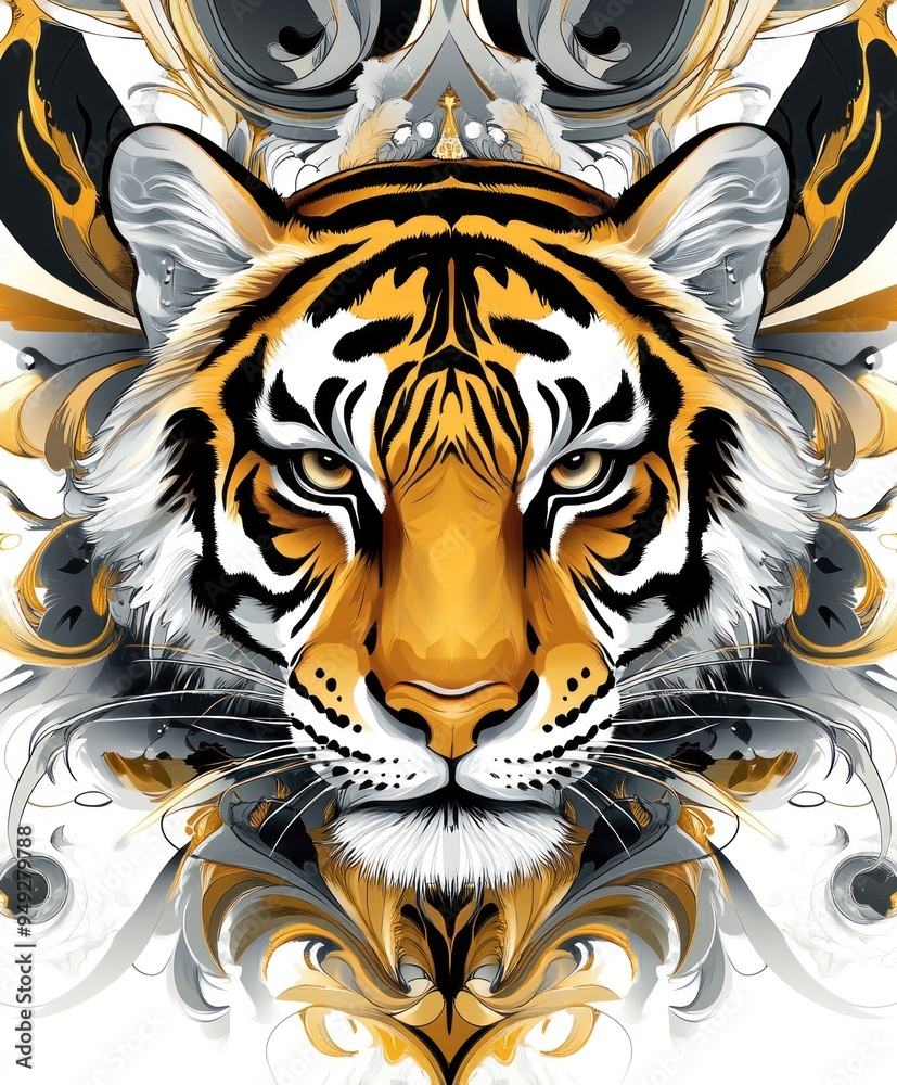 A stylized illustration of a tiger's face surrounded by intricate designs. A stylized illustration of a tiger's face surrounded by intricate designs.