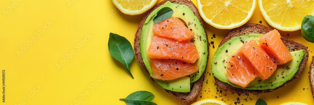 A nutritious breakfast spread featuring avocado toast topped with salmon and accompanied by fresh citrus slices on a bright yellow surface. Generative AI A nutritious breakfast spread featuring avocado toast topped with salmon and accompanied by fresh citrus slices on a bright yellow surface. Generative AI