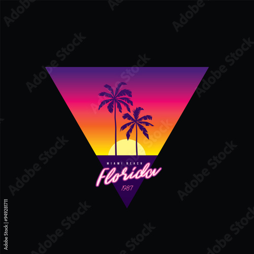 Original vector retro print isolated on black background. Palm trees on sunset background. T-shirt design.