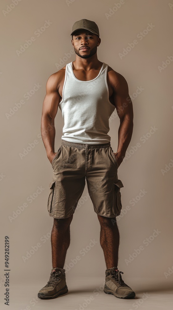 A well-built man wears a tank top and cargo shorts, posing with a relaxed stance, showcasing his physique and confidence indoors