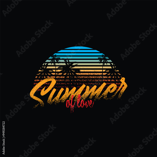 Original vector illustration in vintage style isolated on black background. Bright design in the spirit of the 80-90 years. Beach landscape. Palm trees on the background of the sea.
