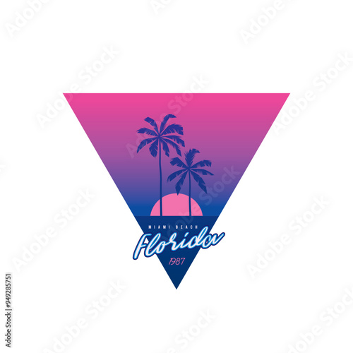 Original vector retro print isolated on white background. Palm trees on sunset background. T-shirt design.