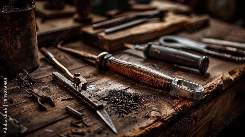Traditional bookbinding tools on an old wooden workbench, vintage setting, Retro, Sepia, Photograph, Historical craftsmanship Traditional bookbinding tools on an old wooden workbench, vintage setting, Retro, Sepia, Photograph, Historical craftsmanship