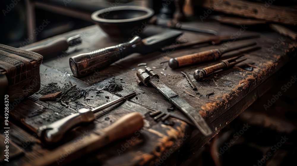 Traditional bookbinding tools on an old wooden workbench, vintage setting, Retro, Sepia, Photograph, Historical craftsmanship Traditional bookbinding tools on an old wooden workbench, vintage setting, Retro, Sepia, Photograph, Historical craftsmanship