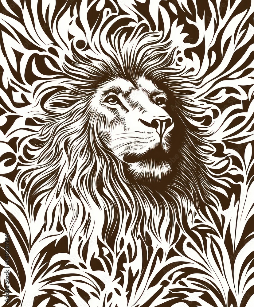 Fototapeta premium A stylized illustration of a lion's head surrounded by intricate floral patterns.