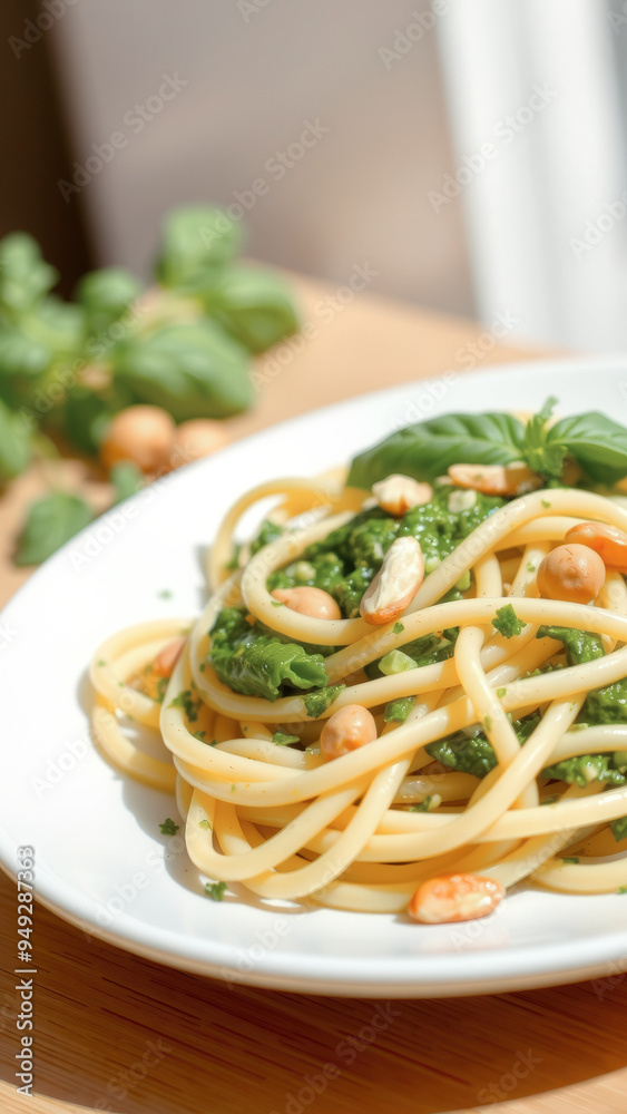 Close-up of Spinach Pesto Pasta with Hazelnuts Close-up of Spinach Pesto Pasta with Hazelnuts