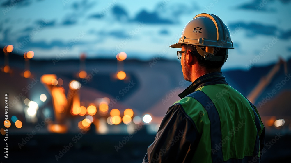 Obraz premium Construction Worker Silhouetted Against Bokeh Lights