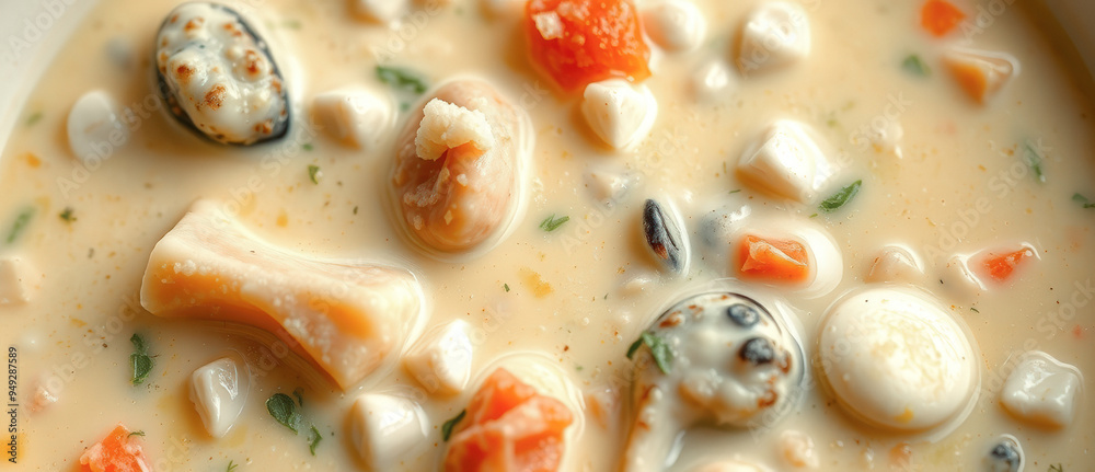 Close-up of Creamy Seafood Soup with Vegetables Close-up of Creamy Seafood Soup with Vegetables