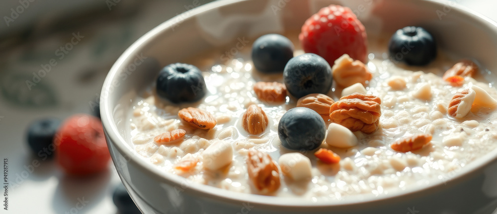 Close-up of oatmeal with blueberries, raspberries and nuts Close-up of oatmeal with blueberries, raspberries and nuts