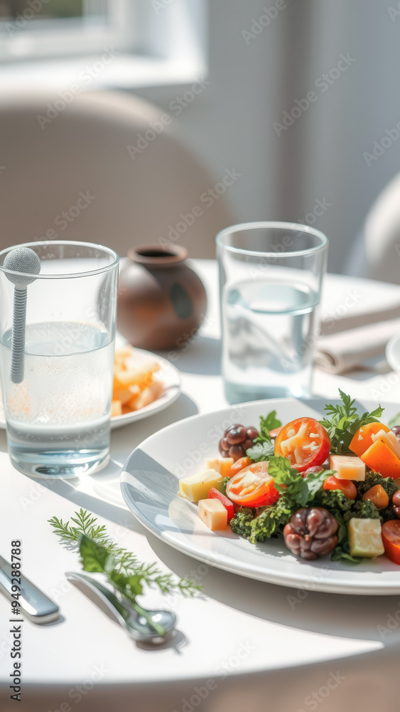 Fresh Salad with Tomatoes and Greens on a White Table Fresh Salad with Tomatoes and Greens on a White Table