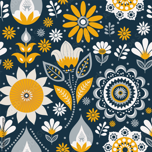 flowers on the background of leaf ornament. seamless pattern