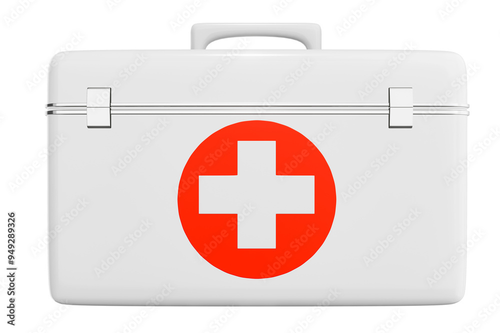 Obraz premium First aid kit, white medicine box, emergency vehicle, ambulance medical assistance, care and rescue, 3D emergency accident concept showing cutting path icon.