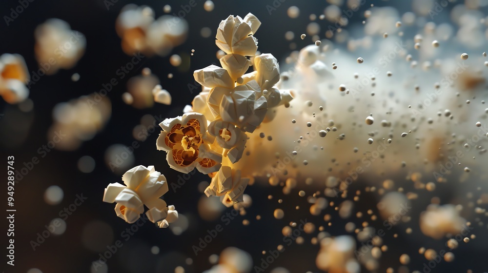 A close-up shot of popcorn kernels popping with a plume of smoke. A close-up shot of popcorn kernels popping with a plume of smoke.