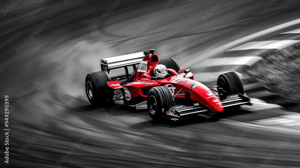 Fototapeta premium A red Formula 1 race car driving fast around a track.