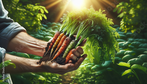 Hands holding freshly harvested carrots with soil, in a sunlit garden, showcasing the essence of organic farming and natural produce. photo