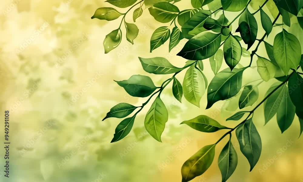 Artistic depiction of green leaves on branches with a soft, textured yellow background. Artistic depiction of green leaves on branches with a soft, textured yellow background.
