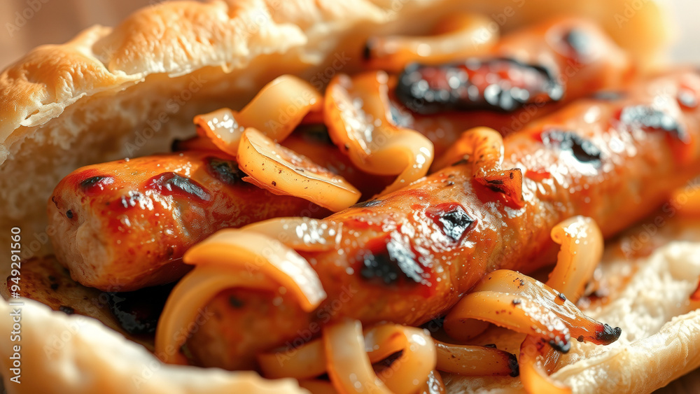 Close-up of Grilled Sausages with Caramelized Onions in a Bun Close-up of Grilled Sausages with Caramelized Onions in a Bun