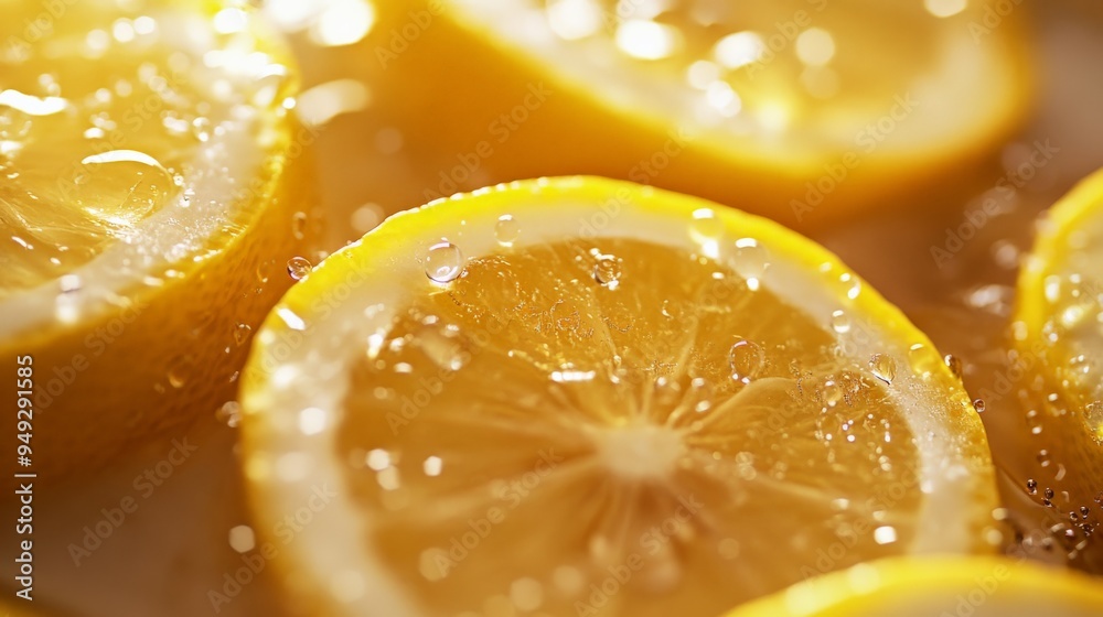 Close-up of fresh lemon slices with water droplets, showcasing vibrant color and texture, perfect for food and beverage themes. Close-up of fresh lemon slices with water droplets, showcasing vibrant color and texture, perfect for food and beverage themes.