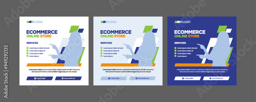 instagram ecommerce store skills post template social media discount flash sale promo deals shopping services banner poster flat blue green color background minimal design square size poster templates
