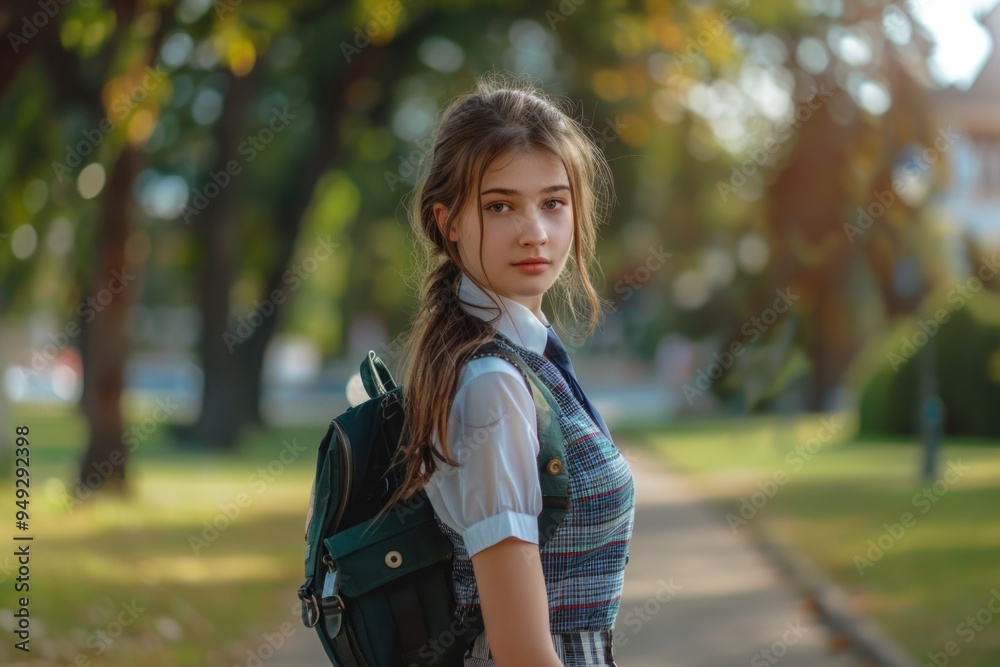 A young girl stands on a city sidewalk, wearing a backpack and looking ahead A young girl stands on a city sidewalk, wearing a backpack and looking ahead