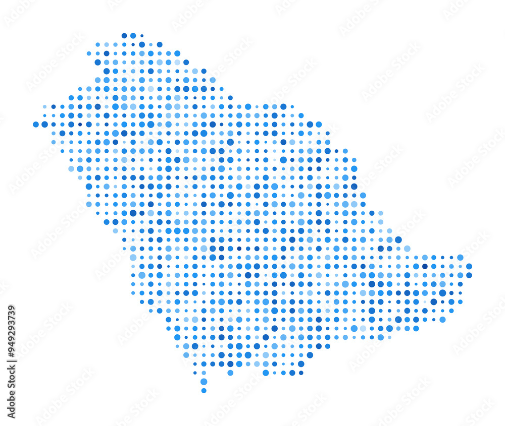 Obraz premium Saudi Arabia Dot Map. Country Digital Style Shape. Saudi Arabia vector image. Country shape blue circular dots. Artistic vector illustration.