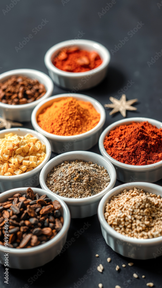 Various Spices In White Bowls On Black Background Various Spices In White Bowls On Black Background