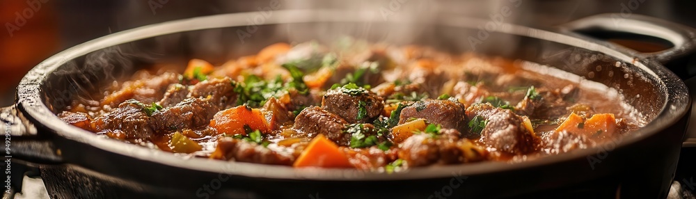 Dutch oven with a heavy lid, cooking a stew, rustic kitchen style, warm tones, soft lighting, close-up, sharp focus
