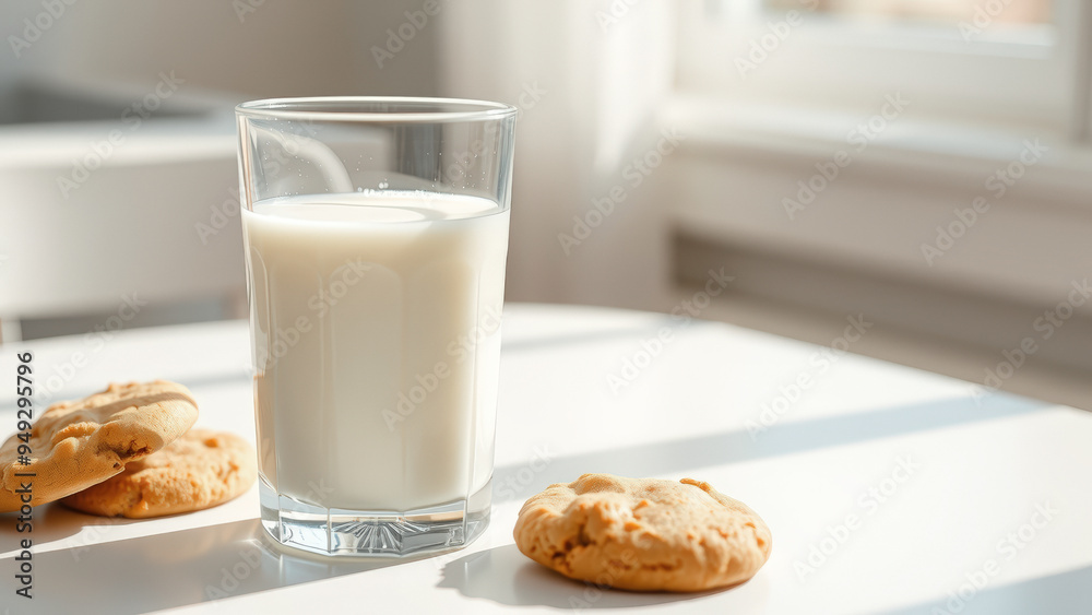 Glass of Milk and Cookies on White Table Glass of Milk and Cookies on White Table