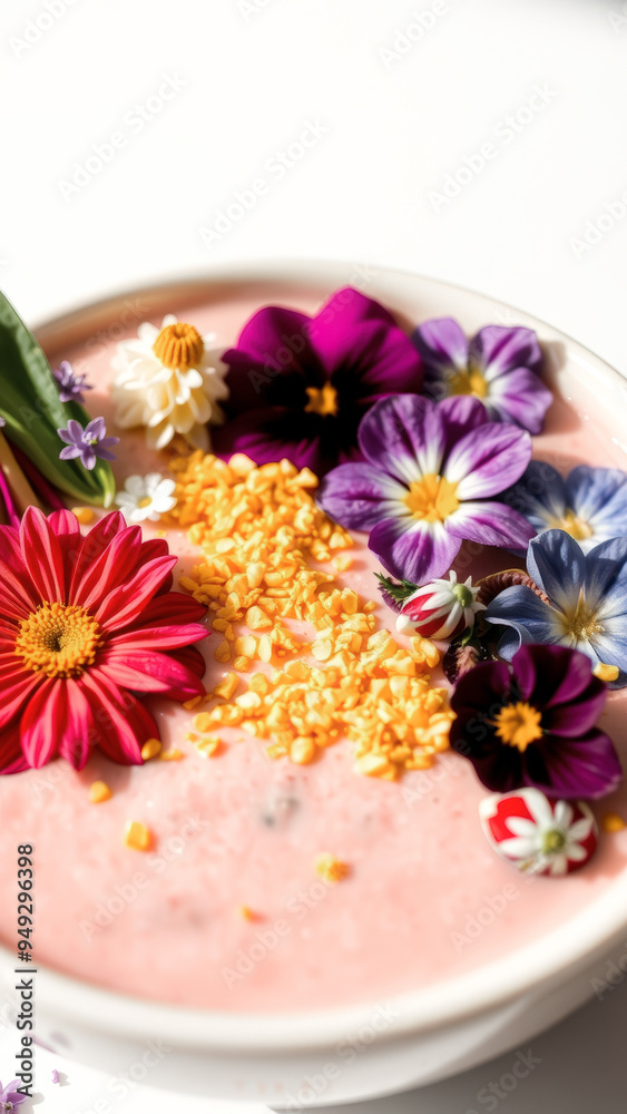 Pink Smoothie Bowl with Flowers and Toppings Pink Smoothie Bowl with Flowers and Toppings
