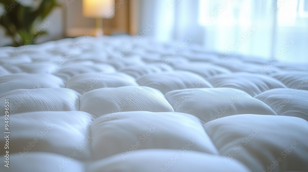 Obraz premium Mattress protector with waterproofing, stretched over a mattress, practical style, soft lighting, close-up, high detail