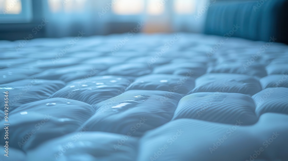 Fototapeta premium Mattress protector with waterproofing, stretched over a mattress, practical style, soft lighting, close-up, high detail