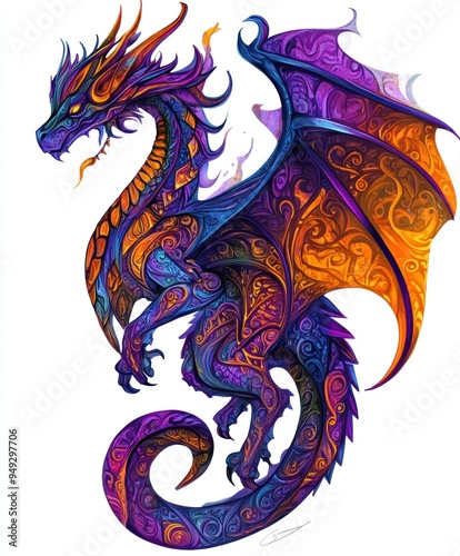 A vibrant, intricately designed dragon with colorful patterns and a dynamic pose.