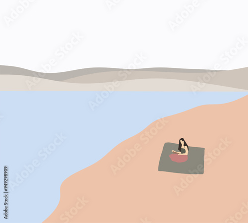 Woman picnic on the tropical beach. Island vacation holiday relax. Idyllic travel destination. Enjoy outdoor lifestyle looking beautiful