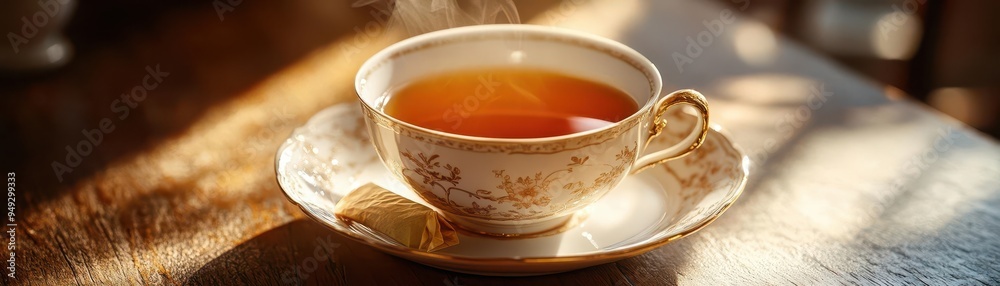 Teacup with a matching saucer, holding a tea bag, elegant style, soft lighting, close-up, high detail, warm tones Teacup with a matching saucer, holding a tea bag, elegant style, soft lighting, close-up, high detail, warm tones