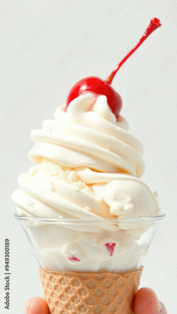 Close-up of a vanilla ice cream cone with a cherry on top Close-up of a vanilla ice cream cone with a cherry on top