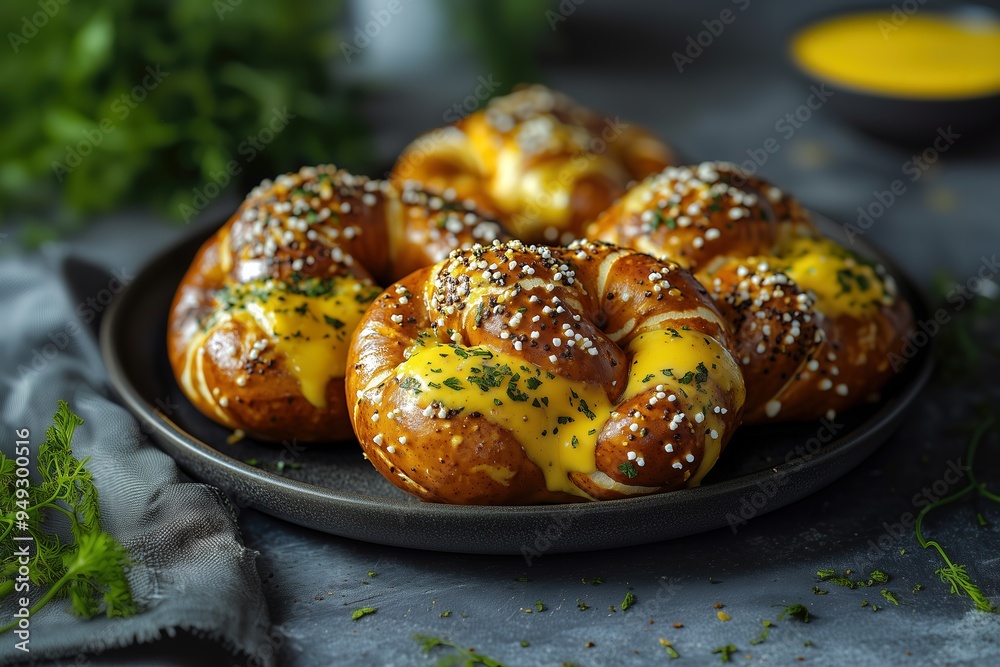 Close-up of soft pretzels drizzled with cheese sauce and sprinkled with herbs. Close-up of soft pretzels drizzled with cheese sauce and sprinkled with herbs.