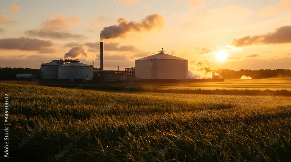 Biogas Plant Facility at Sunset with Steam and Grassy Fields Biogas Plant Facility at Sunset with Steam and Grassy Fields