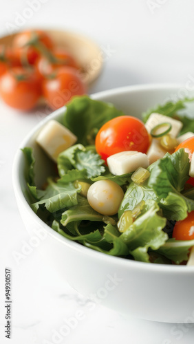 Close Up of Salad with Tomatoes, Cheese and Egg