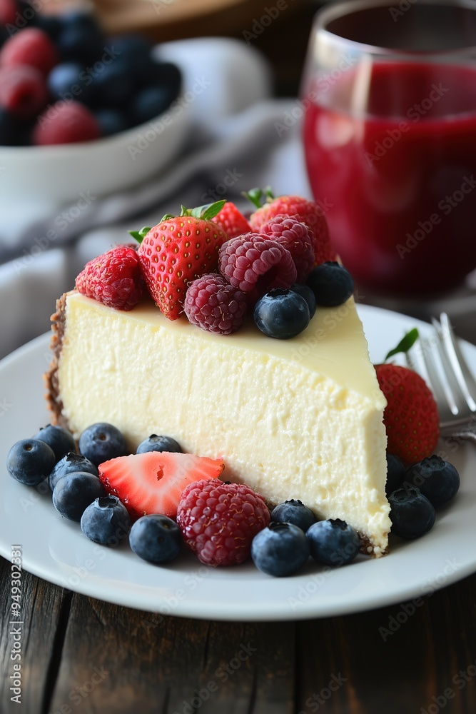 A slice of cheesecake topped with fresh berries on a white plate. A slice of cheesecake topped with fresh berries on a white plate.
