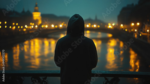 photo of back of sad teenager in hoodie standing on bridge over river in city at night, street lights, negative emotions, lonely man, boy, person, people, world suicide prevention day, depression