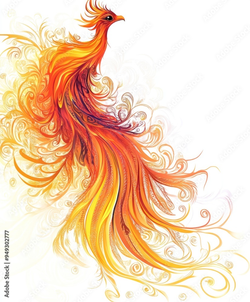 A vibrant, stylized phoenix with flowing flames and intricate designs. A vibrant, stylized phoenix with flowing flames and intricate designs.